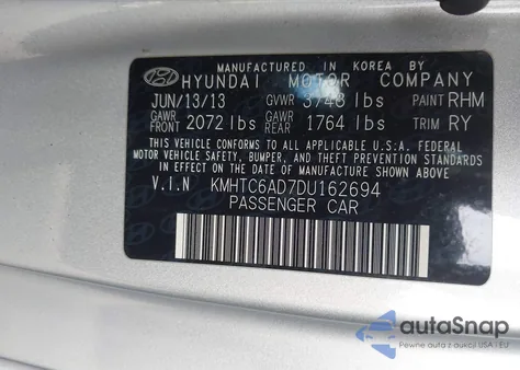 2013 Hyundai Veloster Base W/Black z USA, uszkodzony, nr VIN KMHTC6AD7DU162694